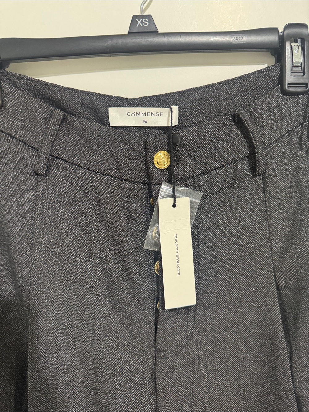 Commense Charcoal Herringbone Button-Front Trousers with Gold Buttons